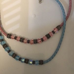 Pink and blue beaded necklaces